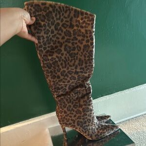Leopard Print Knee-High Stiletto Boots - Brown